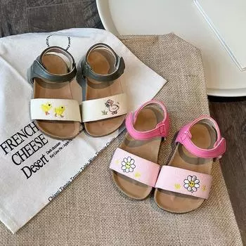 Детские сандалии для девочек, мальчиков, малышей, маленьких детей, пляжные сандалии с открытым носком, противоскользящие, с рисунком цветов и животных, модные, удобные 23 бежевый