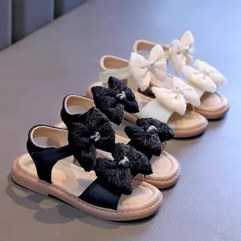 Kids Sandals for Girls Summer New Love Bowtie Princess Causal Dress Flat Sandals Fashion Elegant Children Open-toe Beach Sandals 26 чёрный