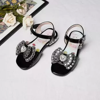 Kids Shoes Princess Versatile Casual Shoes Open-toe Low Heels Rhinestones 2024 New Soft Hook & Loop Children Non-slip Korean PU 26 бежевый