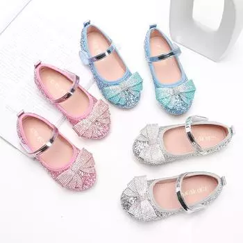Kids Shoes Versatile Rhinestones Shine Pink Bow Classic Girls Mary Jane Shoes Hook & Loop 2024 Summer New Soft Children Shoes 24 серебряный