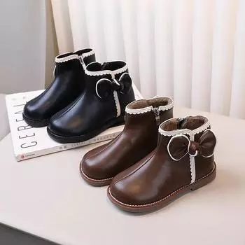 Kids Short Boots Round Toe Sweet Children Ankle Boots with Cute Bow 2024 Winter New Children Princess Boots with Side Zipper 23