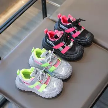 Детские кроссовки 2024 года, новые детские кроссовки для ходьбы, мягкая подошва, детская спортивная обувь для девочек, дышащая, нескользящая, повседневная обувь на платформе 21 чёрный