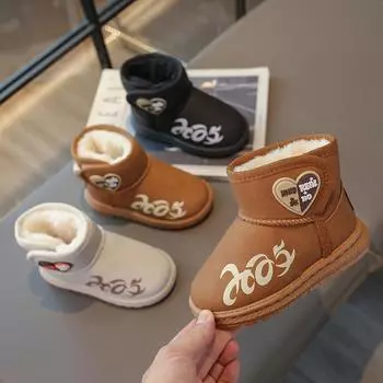 Kids Snow Boots 2024 New Autumn Winter Fashion Boys Girls Cotton Boots Thermal Ankle Boots Children Warm Shoes Thick Plush Heart 26 бежевый