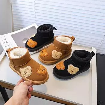 Kids Snow Boots Cute Bear Children s Winter Boots for Girl Thickened Plush Cartoon Fashion Toddles Outdoor Ankle Cotton Boots 26 чёрный