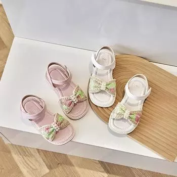 Kids Soft Sole Princess Shoes 2024 Summer New Girls Sandals with Embroidered Bow Girls Fashion Versatile Beach Shoe for vacation 23 бежевый