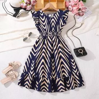 Kids Summer Girls 8-12 Years Old Dark Blue Yellow Striped Short-sleeved Dress Fashion Classic Dress 170 синий