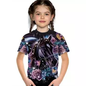 Kids T Shirts 2025 Summer New Girl s Stylish Cute Animal Play, Printed Pattern Round Neck Short Sleeve Tops 110