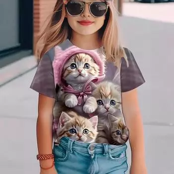 Kids T Shirts 2025 Summer New Girl s Stylish Cute Animal Play, Printed Pattern Round Neck Short Sleeve Tops 110