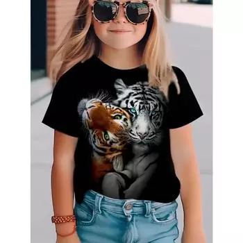 Kids T Shirts 2025 Summer New Girl s Stylish Cute Animal Play, Printed Pattern Round Neck Short Sleeve Tops 110