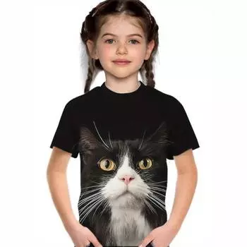 Kids T Shirts 2025 Summer New Girl s Stylish Cute Animal Play, Printed Pattern Round Neck Short Sleeve Tops 110