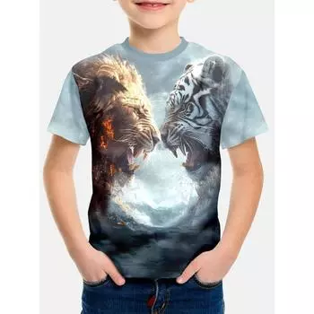 kids t-shirts Lion Series Printed 3D Digital Printed T-shirt Short Sleeved Summer Children s Round Neck Top 110