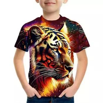Kids T-shirts Tiger Print Boys 3D Digital Printed T-shirt Short Sleeve Round Neck Top Summer Breathable Sportswear Apparel 4-5Y
