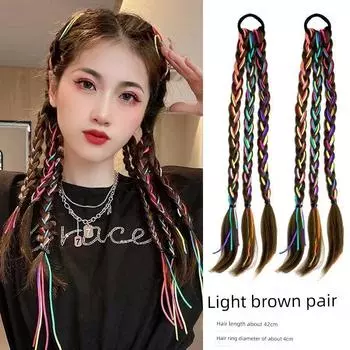 Kids Wig Braid Hair Ring Sweet Cool Boxing Braid Colorful Ropes Girl High Ponytail Twist Braid Rubber Band Headband Hair Accessories Pair of light brown colored rope boxing braids