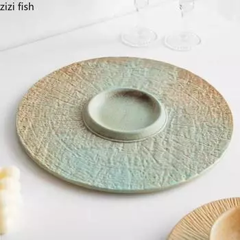 Kiln Changes Ceramic Flat Plate Round Dessert Plate Rock Texture Molecular Cuisine Display Plate Creative Hotel Tableware