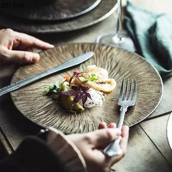 Kiln Changes Golden Ceramic Plate Restaurant Deep Plate Flat Plate Salad Bowl Dessert Dish Molecular Cuisine Creative Tableware