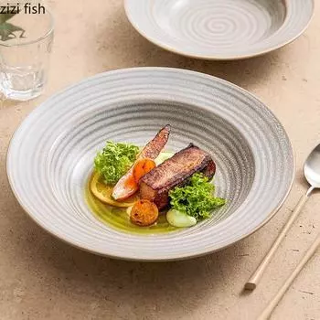 Kiln Changes Threaded Ceramic Dinner Plate Japanese Salad Plate Thick Soup Plate Pasta Plates Restaurant Specialty Tableware