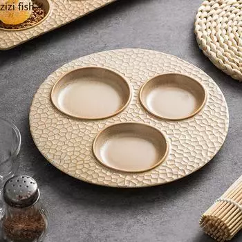 Kiln Changes Wood Grain Ceramic Multi Grid Plate Restaurant Snack Dessert Plate Appetizer Plate Sushi Plates Specialty Tableware
