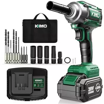 KIMO 20V Аккумуляторный ударный гайковерт Набор 4.0Ач Бесщеточный 550 Н·м Переменная скорость Автостоп LED Модель 3603