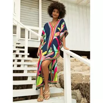 Кимоно больших размеров в стиле бохо, женское платье больших размеров с цветочным принтом и рукавами «летучая мышь», V-образный вырез, Vacay, макси-платье с разрезом One-size разноцветный