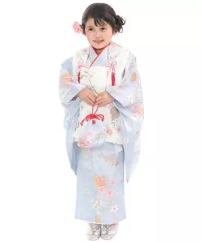 Кимоно для девочки 3 лет, полный комплект, аксессуары, цвет тусклый светло-голубой [KYOETSU] Shichi-Go-San (5. элегантность)