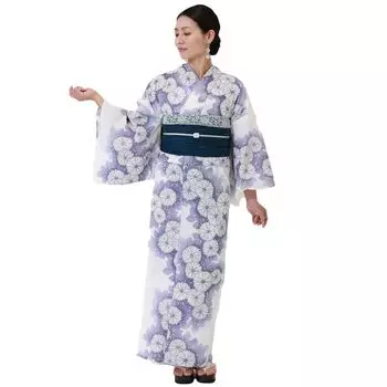 Кимоно Юката Комплект Heiko Obi 2 шт. Фиолетовый Черный Черный Фиолетовый Хризантема Цветочный Узор Белый Современный Юката [Kyoto Yuzen] Женский фиолетовый