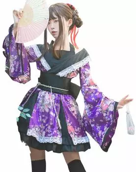 Кимоно One Piece Косплей Японская одежда Платье Костюм идола Юката Выше колена Оби Комплект [Lady Lazy] (Фиолетовый, Л) фиолетовый