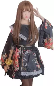 Кимоно One Piece Косплей Японская одежда Платье Костюм идола Юката Выше колена Оби Комплект [Lady Lazy] (Черный, Л) чёрный