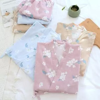 Кимоно Пижамный комплект Женский Весна и Лето Тонкий Хлопок Газовый Сакура Рукав Три Четверти Свободная Домашняя Одежда M