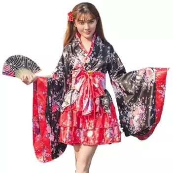 Кимоно платье японский комплект японской одежды юката цельный мини с оби красный [Lady Lazy] (XXL) красный