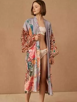 Кимоно с цветочным принтом павлина, свободные халаты с длинными рукавами и поясом, женские купальники и одежда One size светло-фиолетовый
