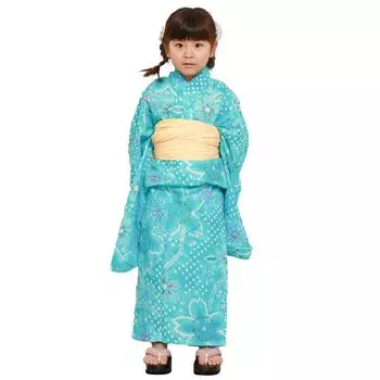 Кимоно юката для девочек, комплект из 2 предметов Heiko Obi, детское кимоно, темно-синий, светло-синий, синий [Kyoto Yuzen] (Свет (сакура))