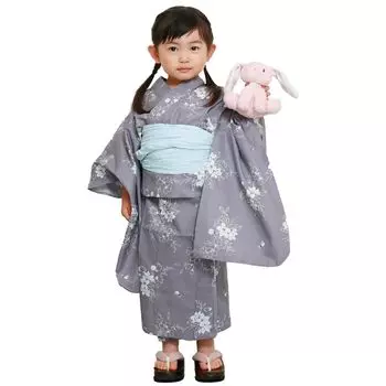 Кимоно юката для девочек, комплект из 2 предметов Heiko Obi для детей 110, 120, 130, тусклый цвет с цветочным узором [Kyoto Yuzen] (Тускло-серый, 120см)