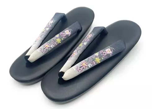 Кимоно Вышитые уретановые сандалии Обувь свободного размера [Asakusa City] стринги, подошва, [Kurodai] кимоно, кимоно, чёрный