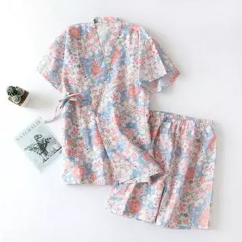Кимоно в японском стиле, хлопковые пижамы в свежем стиле, женские повседневные весенне-летние пижамы, пижамы, состоящие из двух предметов, для домашнего обслуживания M