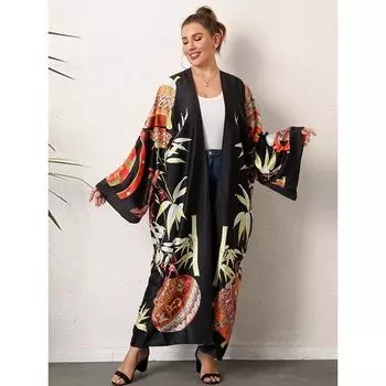 Кимоно в стиле бохо больших размеров, женское, с длинным рукавом и открытым передом, слегка эластичное, пляжное, накидка One-size чёрный