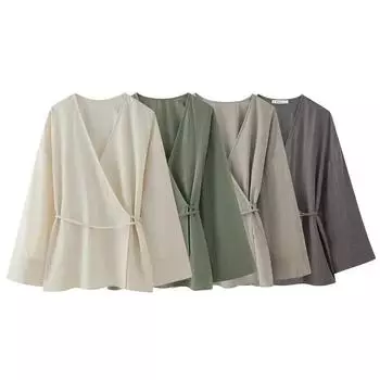 Кимоно женские летние блузки с длинным рукавом для женщин винтажный топ с завязками свободные элегантные и молодежные женские блузки XS хаки