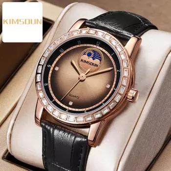 KIMSDUN Golden Shidon Известные часы Высококачественные часы Солнечные линии Луна-фаза Кварцевые часы Водонепроницаемые мужские часы