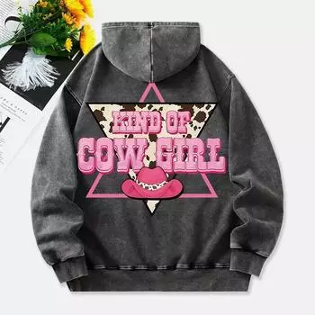 Kind Of Cow Girl Washed Hoodie Womens Pink Hat Printing Cotton Pullover Distressed Pocket Oversize Hoody Clothes M