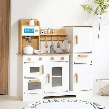 Kindergarten Kitchen Refrigerator Suit Combination Full Set Of Simulation Kitchenware Play House Baby Cooking Children s Wooden Toys белый
