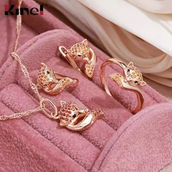 Kinel красный натуральный циркон лиса комплект ювелирных изделий Винтаж розовое золото цвет ожерелье с животными серьги и комплекты колец 7