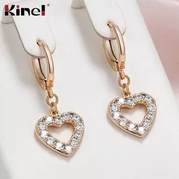 Kinel милые висячие серьги в форме сердца для женщин, модные ювелирные изделия цвета розового золота, подарок, блестящие серьги с цирконием