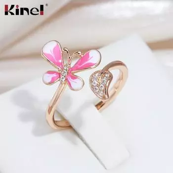 Kinel розовая бабочка с открытым концом кольцо для женщин натуральный цирконий роскошные ювелирные изделия регулируемый размер
