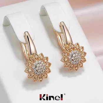 Kinel винтажные серьги-капли с натуральным цирконом и подсолнухом для женщин, розовое золото, вечерние свадебные украшения розового золота