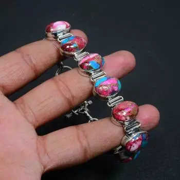 King Man Розовая колючая устрица Натуральный браслет Розовая колючая устрица Драгоценный камень Браслет ручной работы из стерлингового серебра 925 пробы Браслет из драгоценного камня Браслет для подарка 8 розовый