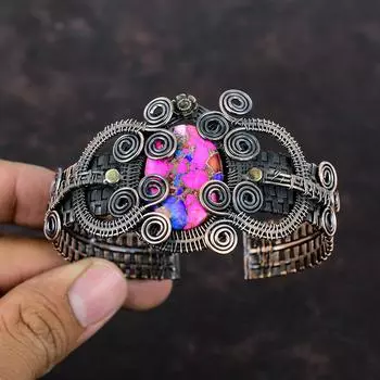 Kingman Pink Dahlia Turquoise Cuff Bracelet Copper Wire Wrapped Bangle Adjustable Cuff Bracelet Handmade Gemstone Jewelry Anniversary Gifts