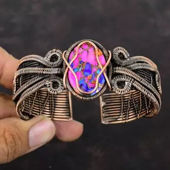 Kingman Pink Dahlia Turquoise Cuff Bracelet Gemstone Bangle Copper Wire Wrapped Cuff Bracelet Adjustable Bangle Handmade Jewelry Bridal Gift