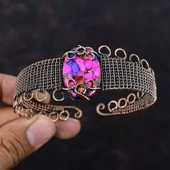 Kingman Розовый Георгин Бирюзовый браслет-манжета Медная проволока Браслет Регулируемый браслет-манжета Ручная работа Ювелирные изделия из настоящего драгоценного камня Свадебный подарок