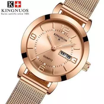 KINGNUOS кварцевые часы немеханические женские часы светящиеся водонепроницаемые двойной календарь женские наручные часы со стальным ремешком