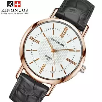 KINGNUOS Модные часы из розового золота с римскими цифрами и ремнем, мужские часы с ремнем