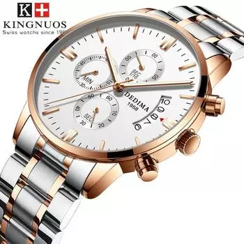 KINGNUOS Мужские часы с кнопочным бабочкой и твердым стальным ремешком, водонепроницаемые кварцевые часы со стеклом с покрытием, светящиеся, 3 глаза, 6 рук
